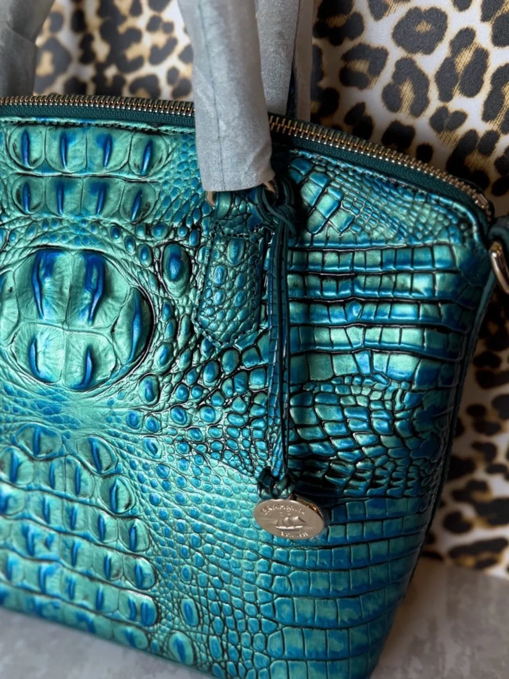 Brahmin Teal Iridescent Croc-Embossed Top-Handle Satchel - Picture 6 of 12